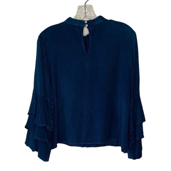 STYLE HOUSE Dark-Wash Chambray High-Neck Tiered Ruffle Sleeve Blouse NWT Large - Picture 7 of 8